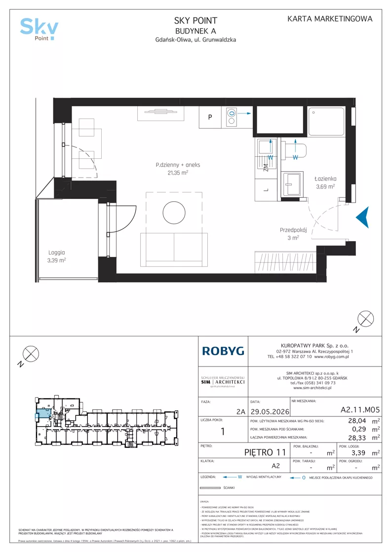 1 pokój, apartament inwestycyjny 28,04 m², piętro 11, oferta nr A2.11M05, Sky Point - Apartamenty Inwestycyjne, Gdańsk, Oliwa, Zaspa-Rozstaje, al. Grunwaldzka