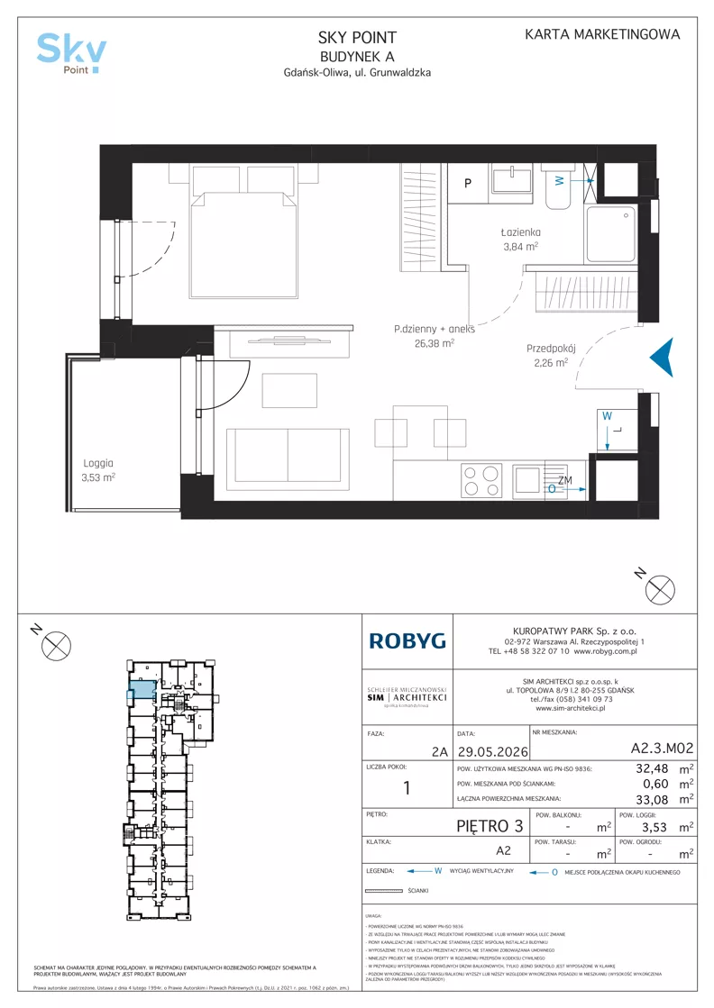 1 pokój, apartament inwestycyjny 32,48 m², piętro 3, oferta nr A2.3M02, Sky Point - Apartamenty Inwestycyjne, Gdańsk, Oliwa, Zaspa-Rozstaje, al. Grunwaldzka