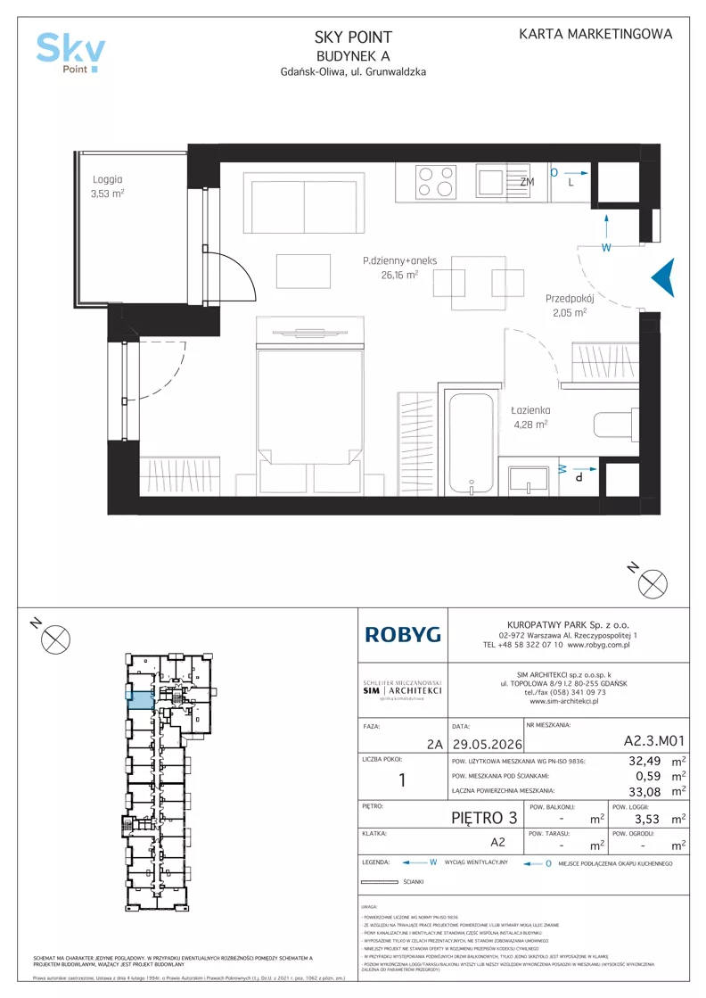 1 pokój, apartament inwestycyjny 32,49 m², piętro 3, oferta nr A2.3M01, Sky Point - Apartamenty Inwestycyjne, Gdańsk, Oliwa, Zaspa-Rozstaje, al. Grunwaldzka