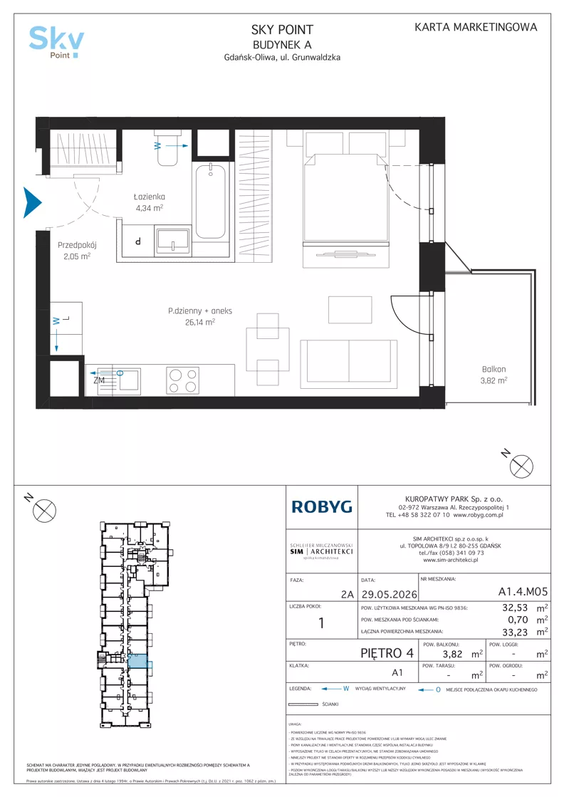 1 pokój, apartament inwestycyjny 32,53 m², piętro 4, oferta nr A1.4M05, Sky Point - Apartamenty Inwestycyjne, Gdańsk, Oliwa, Zaspa-Rozstaje, al. Grunwaldzka