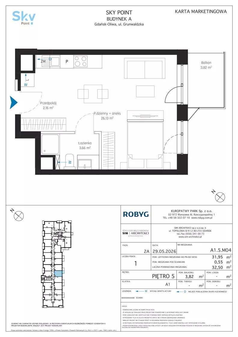 1 pokój, apartament inwestycyjny 31,95 m², piętro 5, oferta nr A1.5M04, Sky Point - Apartamenty Inwestycyjne, Gdańsk, Oliwa, Zaspa-Rozstaje, al. Grunwaldzka