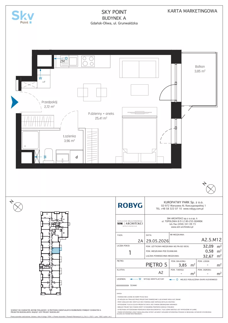 1 pokój, apartament inwestycyjny 32,09 m², piętro 5, oferta nr A2.5M12, Sky Point - Apartamenty Inwestycyjne, Gdańsk, Oliwa, Zaspa-Rozstaje, al. Grunwaldzka