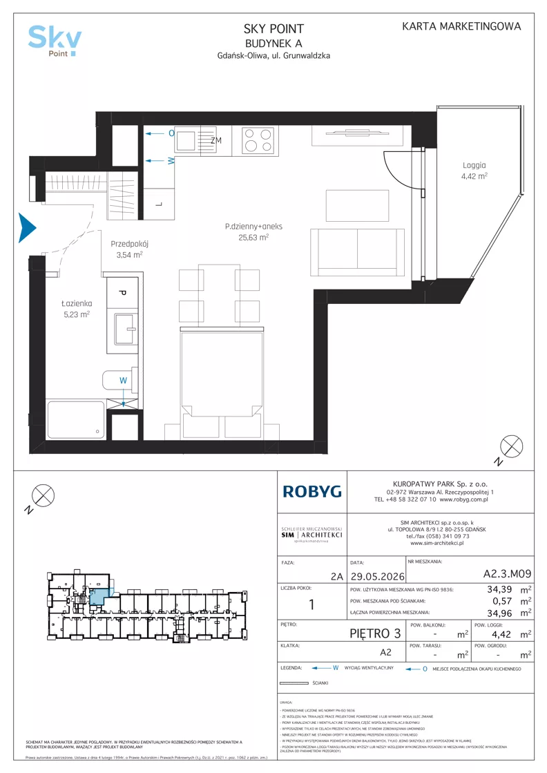 1 pokój, apartament inwestycyjny 34,39 m², piętro 3, oferta nr A2.3M09, Sky Point - Apartamenty Inwestycyjne, Gdańsk, Oliwa, Zaspa-Rozstaje, al. Grunwaldzka