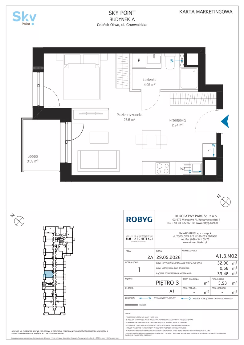 1 pokój, apartament inwestycyjny 32,90 m², piętro 3, oferta nr A1.3M02, Sky Point - Apartamenty Inwestycyjne, Gdańsk, Oliwa, Zaspa-Rozstaje, al. Grunwaldzka