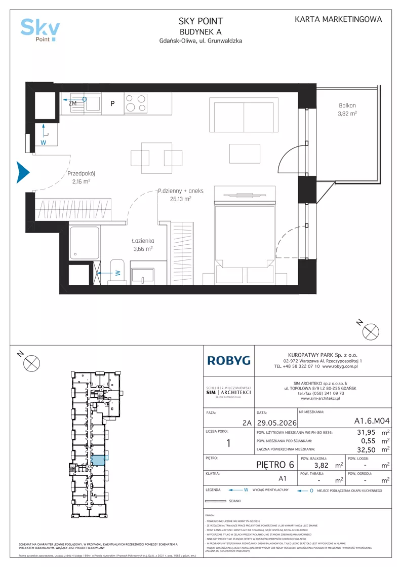 1 pokój, apartament inwestycyjny 31,95 m², piętro 6, oferta nr A1.6M04, Sky Point - Apartamenty Inwestycyjne, Gdańsk, Oliwa, Zaspa-Rozstaje, al. Grunwaldzka