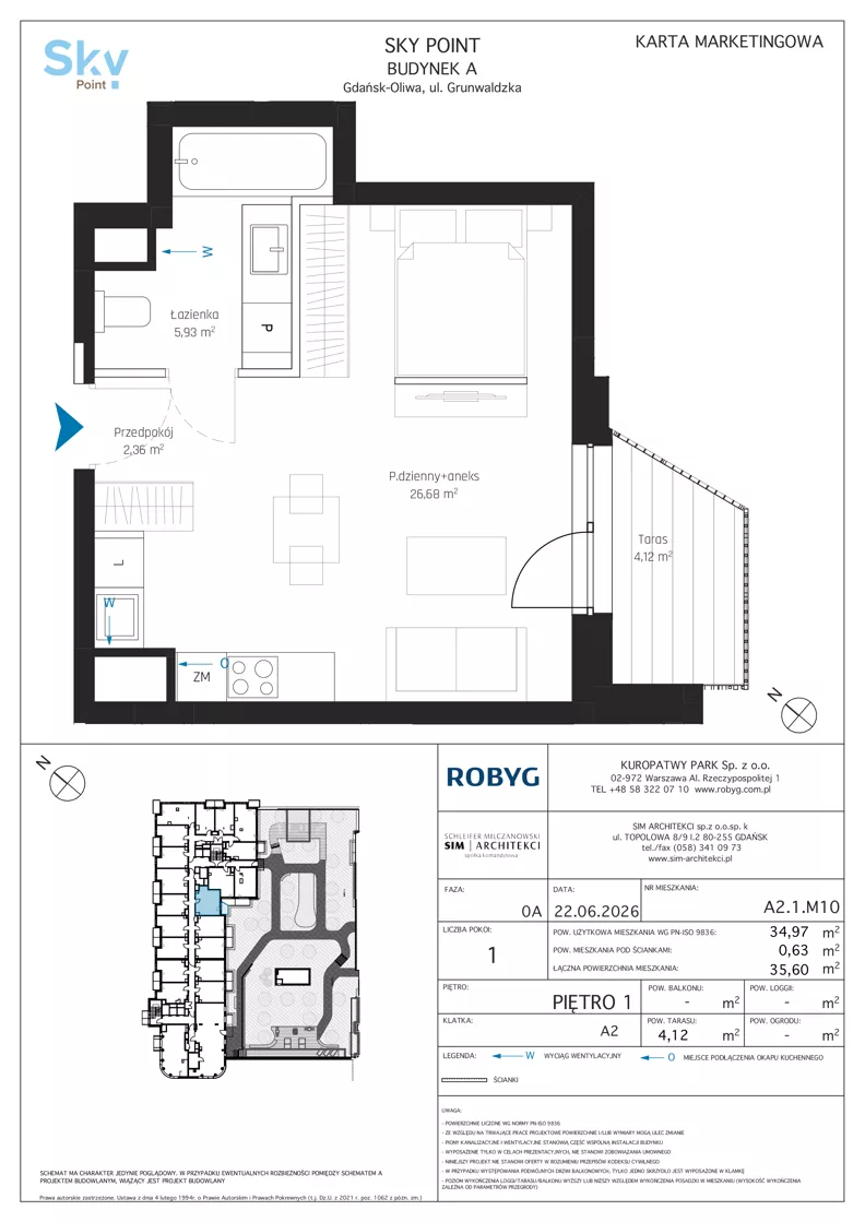 1 pokój, apartament inwestycyjny 34,97 m², piętro 1, oferta nr A2.1M10, Sky Point - Apartamenty Inwestycyjne, Gdańsk, Oliwa, Zaspa-Rozstaje, al. Grunwaldzka