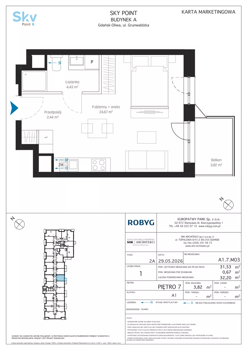 1 pokój, apartament inwestycyjny 31,53 m², piętro 7, oferta nr A1.7M03, Sky Point - Apartamenty Inwestycyjne, Gdańsk, Oliwa, Zaspa-Rozstaje, al. Grunwaldzka