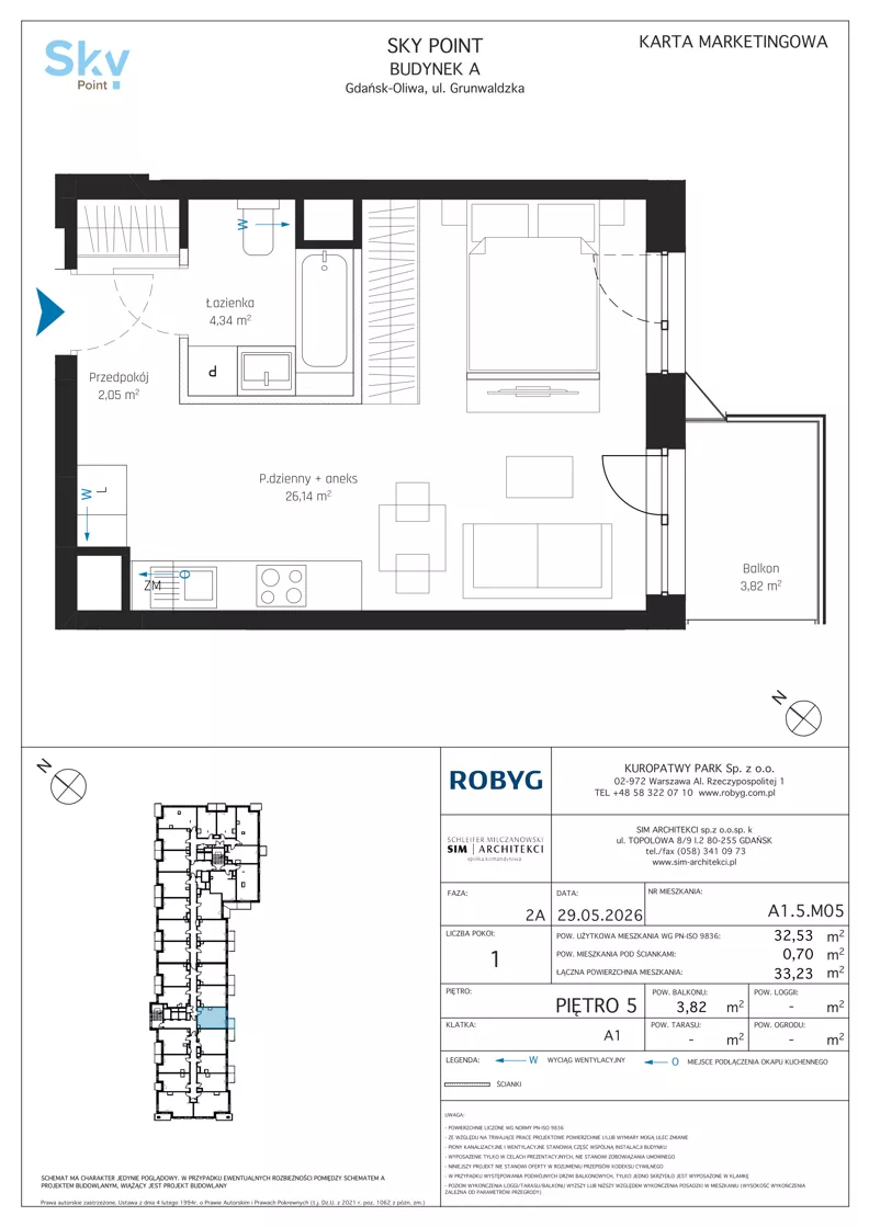 1 pokój, apartament inwestycyjny 32,53 m², piętro 5, oferta nr A1.5M05, Sky Point - Apartamenty Inwestycyjne, Gdańsk, Oliwa, Zaspa-Rozstaje, al. Grunwaldzka