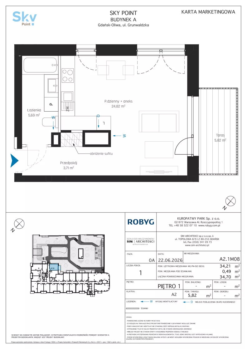 1 pokój, apartament inwestycyjny 34,21 m², piętro 1, oferta nr A2.1M08, Sky Point - Apartamenty Inwestycyjne, Gdańsk, Oliwa, Zaspa-Rozstaje, al. Grunwaldzka