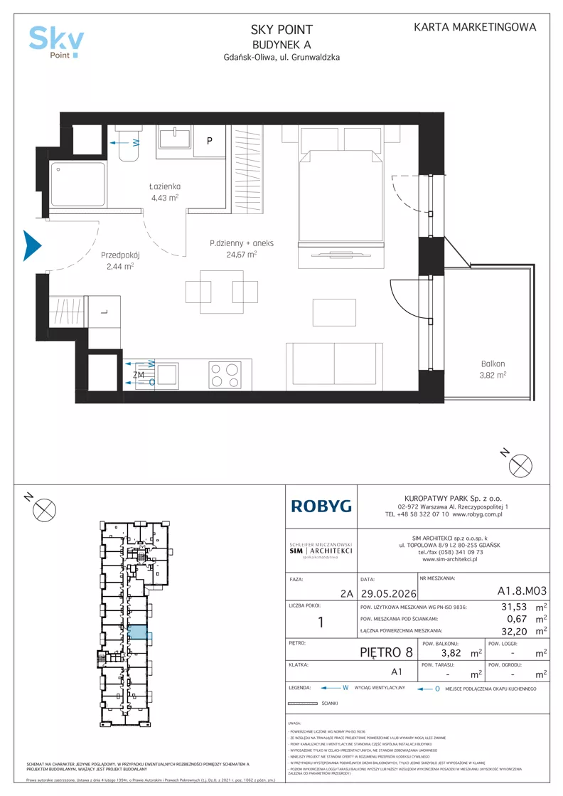 1 pokój, apartament inwestycyjny 31,53 m², piętro 8, oferta nr A1.8M03, Sky Point - Apartamenty Inwestycyjne, Gdańsk, Oliwa, Zaspa-Rozstaje, al. Grunwaldzka