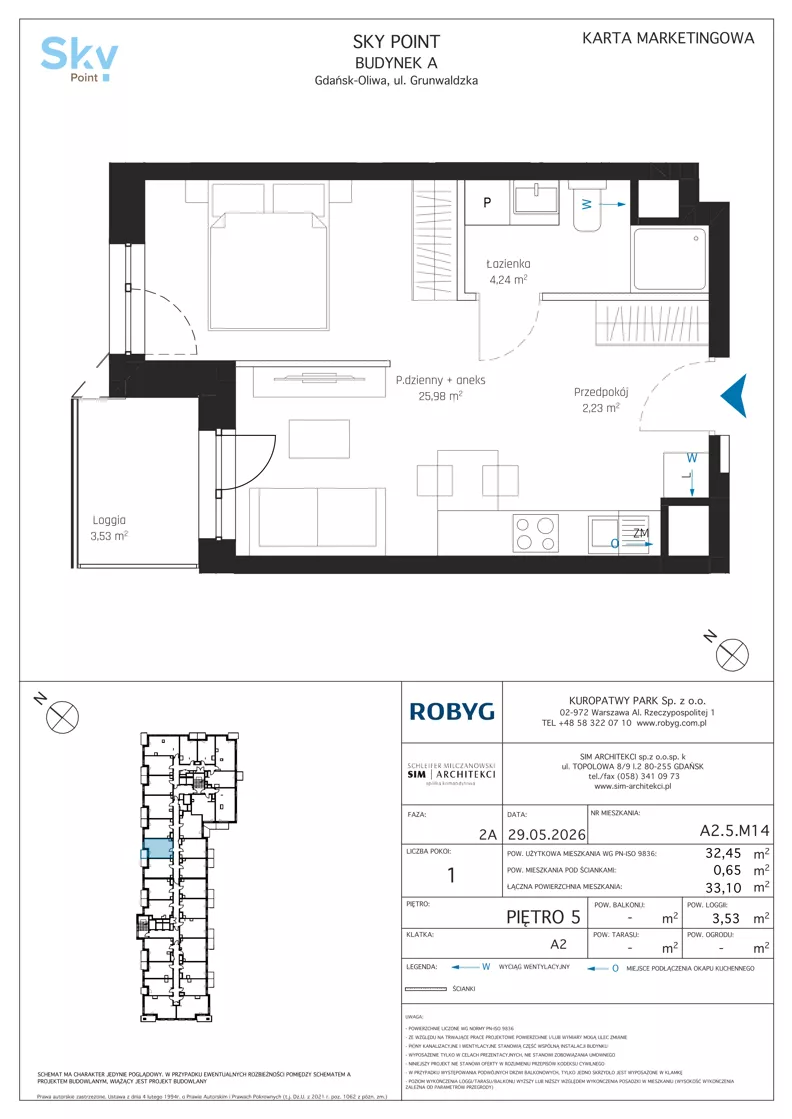 1 pokój, apartament inwestycyjny 32,45 m², piętro 5, oferta nr A2.5M14, Sky Point - Apartamenty Inwestycyjne, Gdańsk, Oliwa, Zaspa-Rozstaje, al. Grunwaldzka