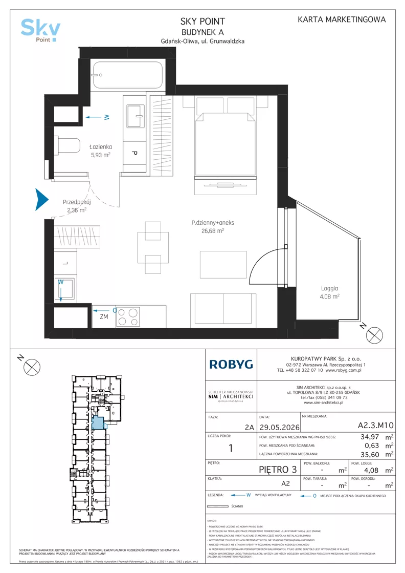 1 pokój, apartament inwestycyjny 34,97 m², piętro 3, oferta nr A2.3M10, Sky Point - Apartamenty Inwestycyjne, Gdańsk, Oliwa, Zaspa-Rozstaje, al. Grunwaldzka