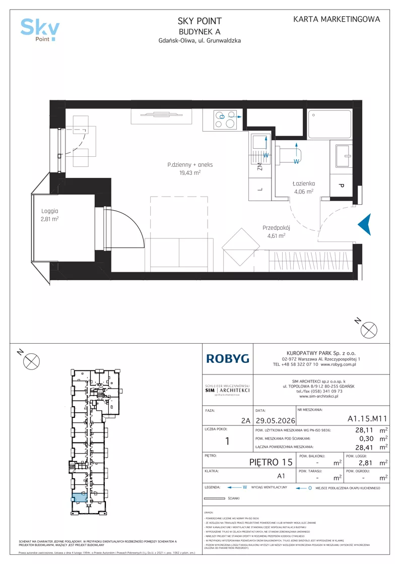 1 pokój, apartament inwestycyjny 28,11 m², piętro 15, oferta nr A1.15M11, Sky Point - Apartamenty Inwestycyjne, Gdańsk, Oliwa, Zaspa-Rozstaje, al. Grunwaldzka