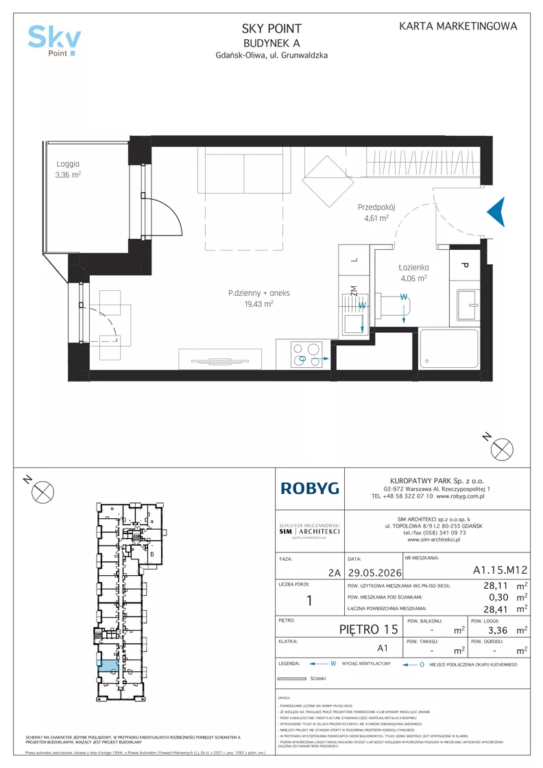 1 pokój, apartament inwestycyjny 28,11 m², piętro 15, oferta nr A1.15M12, Sky Point - Apartamenty Inwestycyjne, Gdańsk, Oliwa, Zaspa-Rozstaje, al. Grunwaldzka
