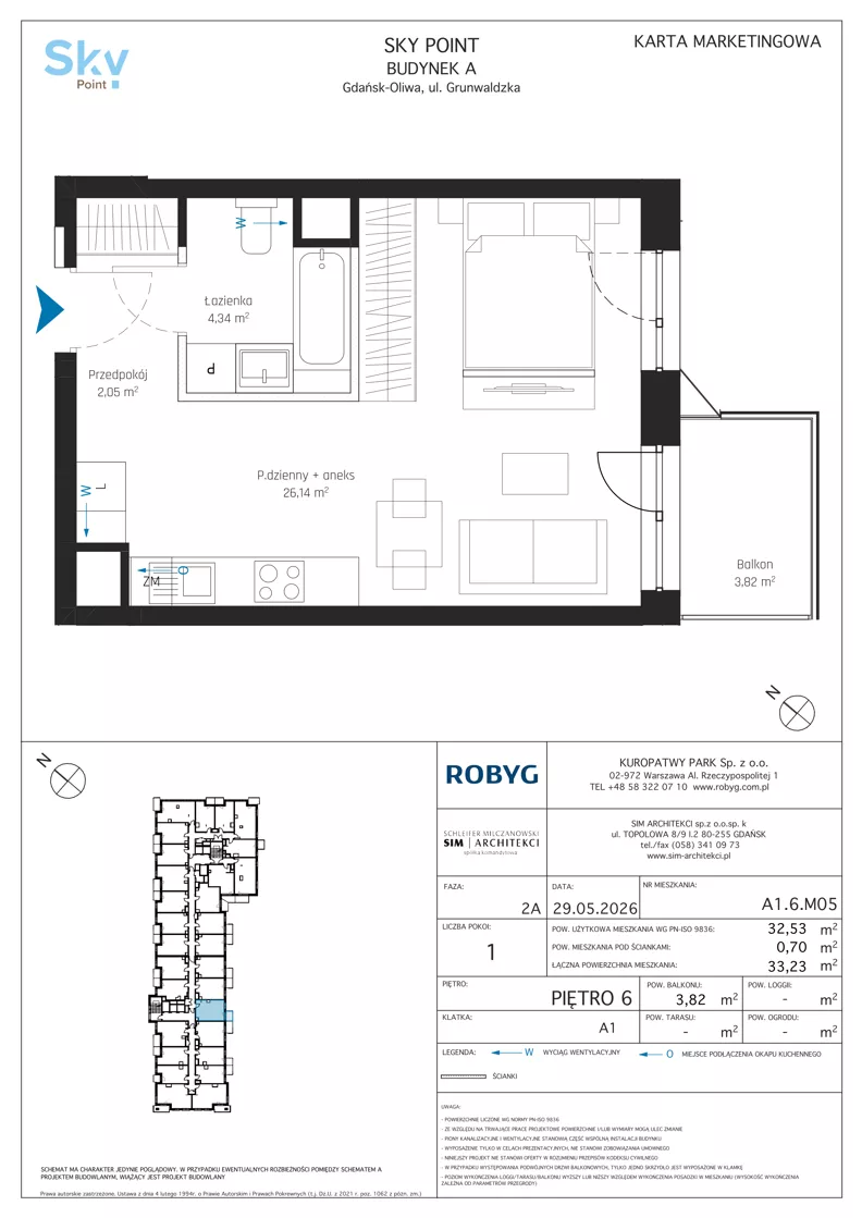 1 pokój, apartament inwestycyjny 32,53 m², piętro 6, oferta nr A1.6M05, Sky Point - Apartamenty Inwestycyjne, Gdańsk, Oliwa, Zaspa-Rozstaje, al. Grunwaldzka