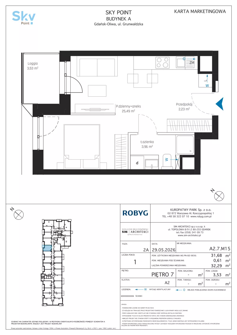 1 pokój, apartament inwestycyjny 31,68 m², piętro 7, oferta nr A2.7M15, Sky Point - Apartamenty Inwestycyjne, Gdańsk, Oliwa, Zaspa-Rozstaje, al. Grunwaldzka