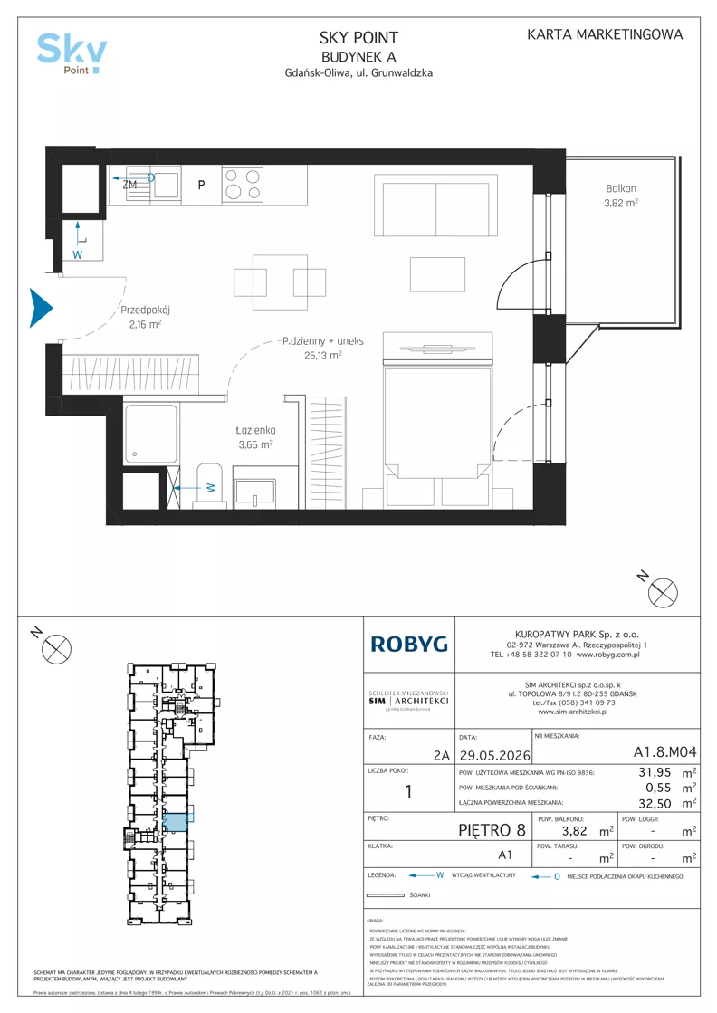 1 pokój, apartament inwestycyjny 31,95 m², piętro 8, oferta nr A1.8M04, Sky Point - Apartamenty Inwestycyjne, Gdańsk, Oliwa, Zaspa-Rozstaje, al. Grunwaldzka