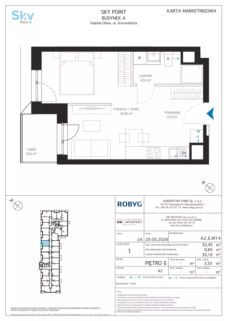1 pokój, apartament inwestycyjny 32,45 m², piętro 6, oferta nr A2.6M14, Sky Point - Apartamenty Inwestycyjne, Gdańsk, Oliwa, Zaspa-Rozstaje, al. Grunwaldzka