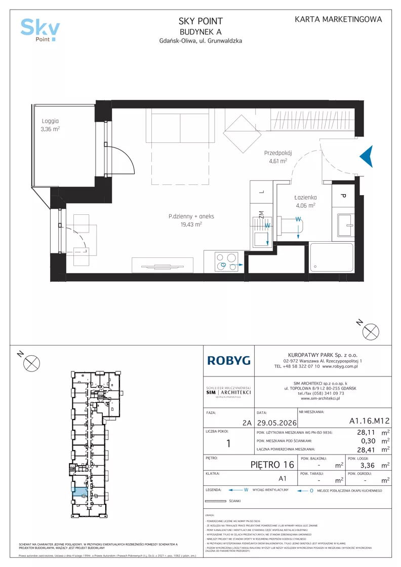 1 pokój, apartament inwestycyjny 28,11 m², piętro 16, oferta nr A1.16M12, Sky Point - Apartamenty Inwestycyjne, Gdańsk, Oliwa, Zaspa-Rozstaje, al. Grunwaldzka