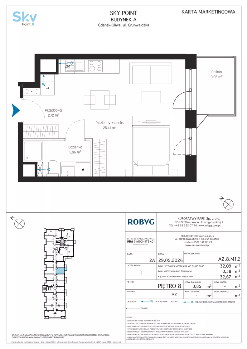 1 pokój, apartament inwestycyjny 32,09 m², piętro 8, oferta nr A2.8M12, Sky Point - Apartamenty Inwestycyjne, Gdańsk, Oliwa, Zaspa-Rozstaje, al. Grunwaldzka
