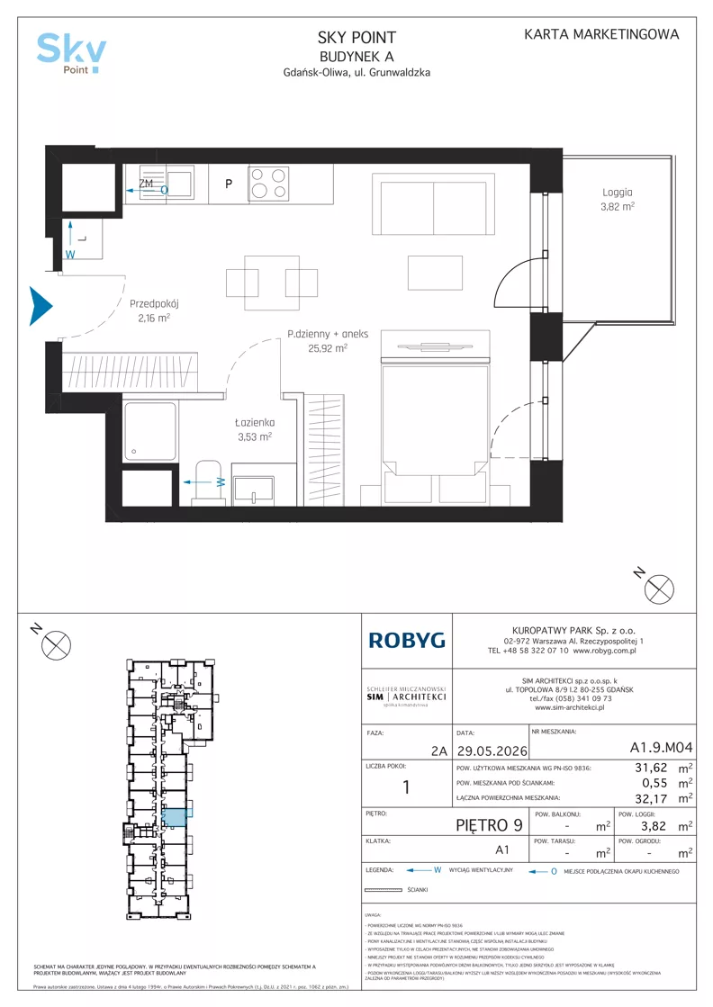 1 pokój, apartament inwestycyjny 31,62 m², piętro 9, oferta nr A1.9M04, Sky Point - Apartamenty Inwestycyjne, Gdańsk, Oliwa, Zaspa-Rozstaje, al. Grunwaldzka