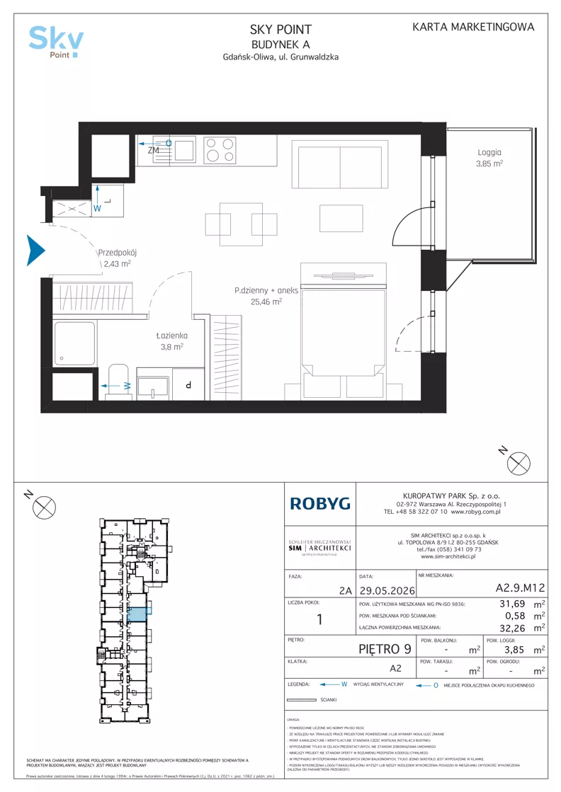 1 pokój, apartament inwestycyjny 31,69 m², piętro 9, oferta nr A2.9M12, Sky Point - Apartamenty Inwestycyjne, Gdańsk, Oliwa, Zaspa-Rozstaje, al. Grunwaldzka