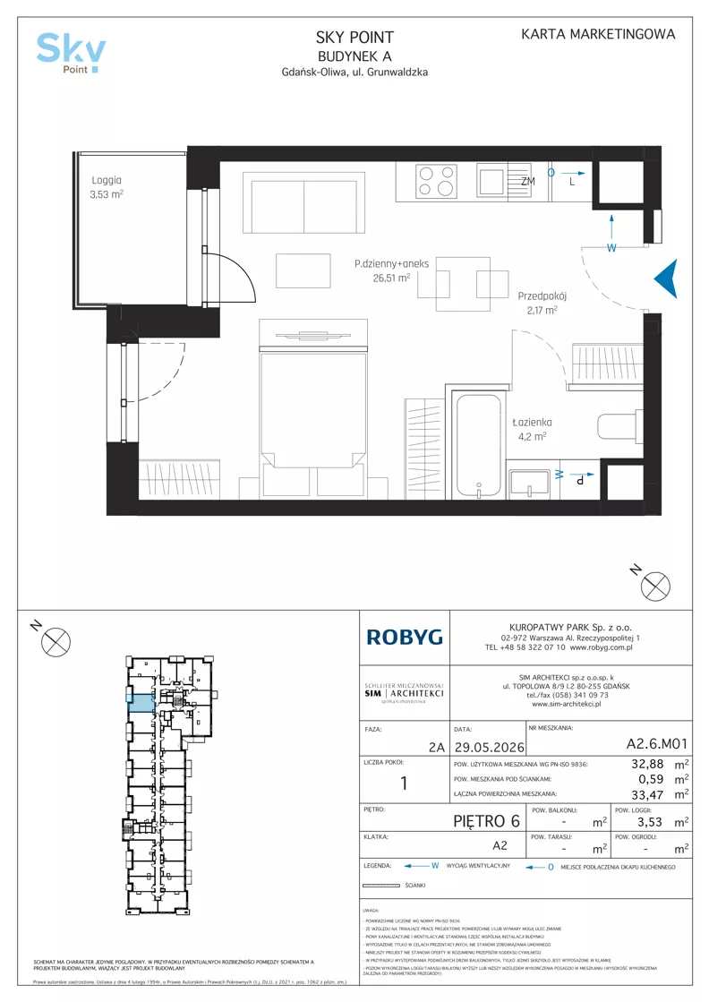 1 pokój, apartament inwestycyjny 32,88 m², piętro 6, oferta nr A2.6M01, Sky Point - Apartamenty Inwestycyjne, Gdańsk, Oliwa, Zaspa-Rozstaje, al. Grunwaldzka