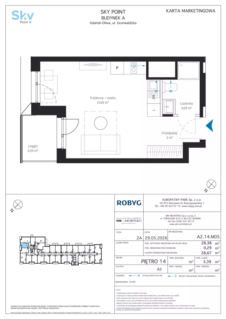 1 pokój, apartament inwestycyjny 28,38 m², piętro 14, oferta nr A2.14M05, Sky Point - Apartamenty Inwestycyjne, Gdańsk, Oliwa, Zaspa-Rozstaje, al. Grunwaldzka