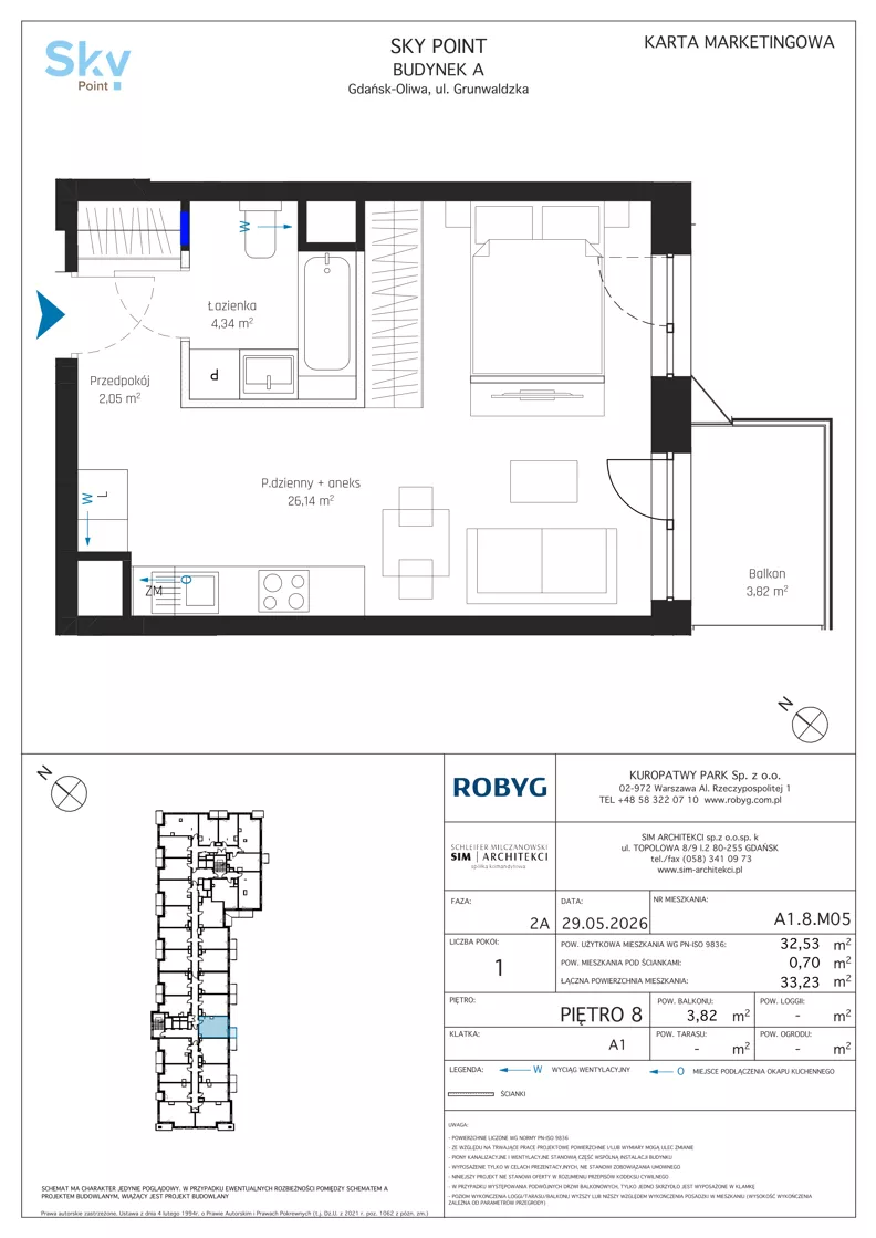 1 pokój, apartament inwestycyjny 32,53 m², piętro 8, oferta nr A1.8M05, Sky Point - Apartamenty Inwestycyjne, Gdańsk, Oliwa, Zaspa-Rozstaje, al. Grunwaldzka