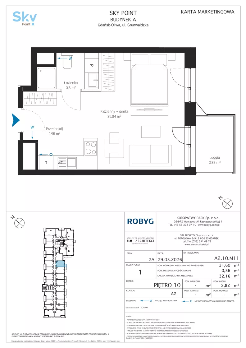 1 pokój, apartament inwestycyjny 31,60 m², piętro 10, oferta nr A2.10M11, Sky Point - Apartamenty Inwestycyjne, Gdańsk, Oliwa, Zaspa-Rozstaje, al. Grunwaldzka