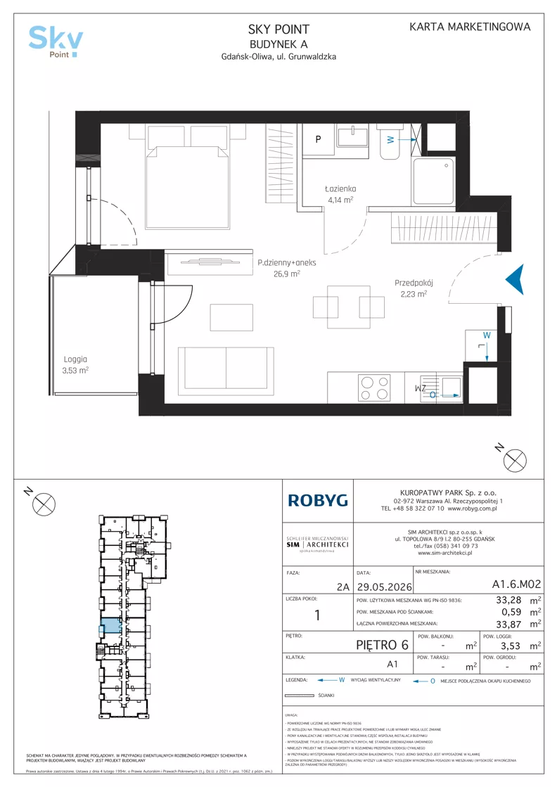 1 pokój, apartament inwestycyjny 33,28 m², piętro 6, oferta nr A1.6M02, Sky Point - Apartamenty Inwestycyjne, Gdańsk, Oliwa, Zaspa-Rozstaje, al. Grunwaldzka