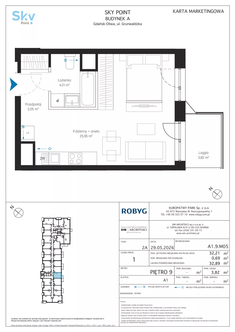 1 pokój, apartament inwestycyjny 32,21 m², piętro 9, oferta nr A1.9M05, Sky Point - Apartamenty Inwestycyjne, Gdańsk, Oliwa, Zaspa-Rozstaje, al. Grunwaldzka