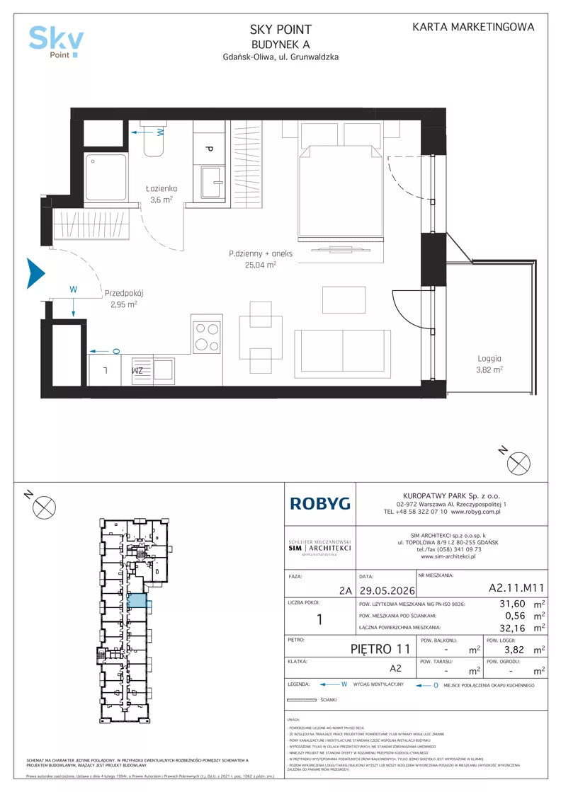 1 pokój, apartament inwestycyjny 31,60 m², piętro 11, oferta nr A2.11M11, Sky Point - Apartamenty Inwestycyjne, Gdańsk, Oliwa, Zaspa-Rozstaje, al. Grunwaldzka