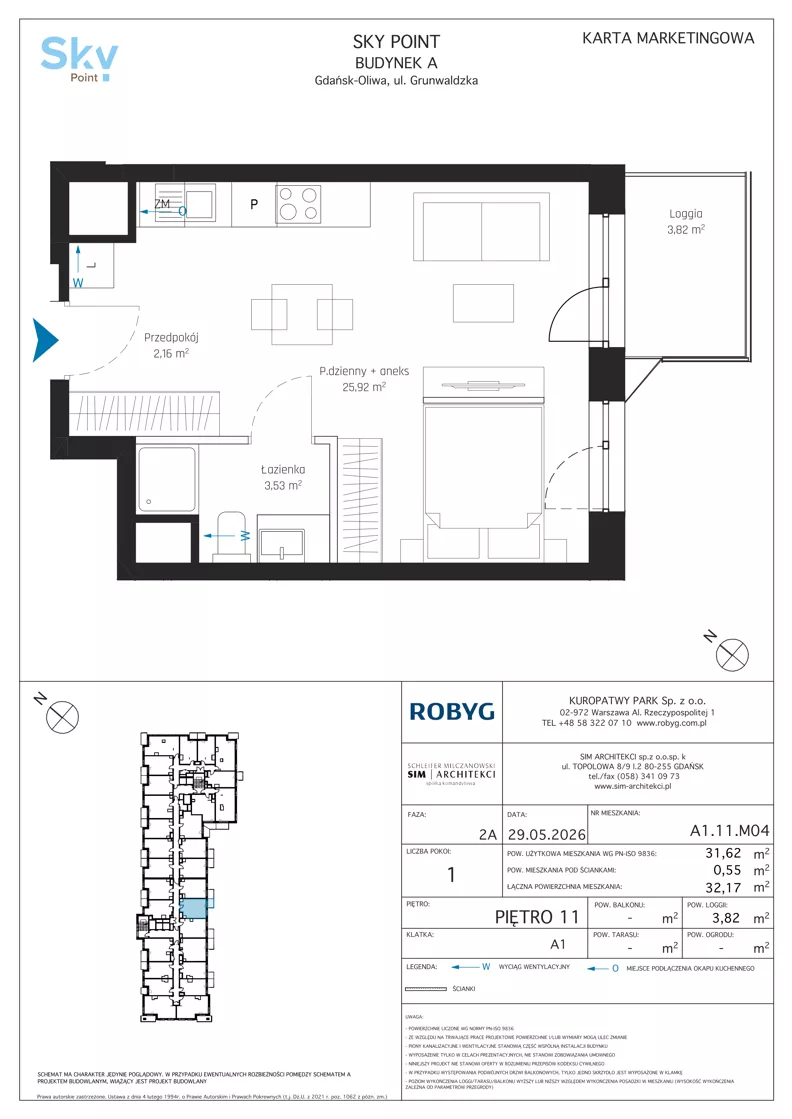 1 pokój, apartament inwestycyjny 31,62 m², piętro 11, oferta nr A1.11M04, Sky Point - Apartamenty Inwestycyjne, Gdańsk, Oliwa, Zaspa-Rozstaje, al. Grunwaldzka