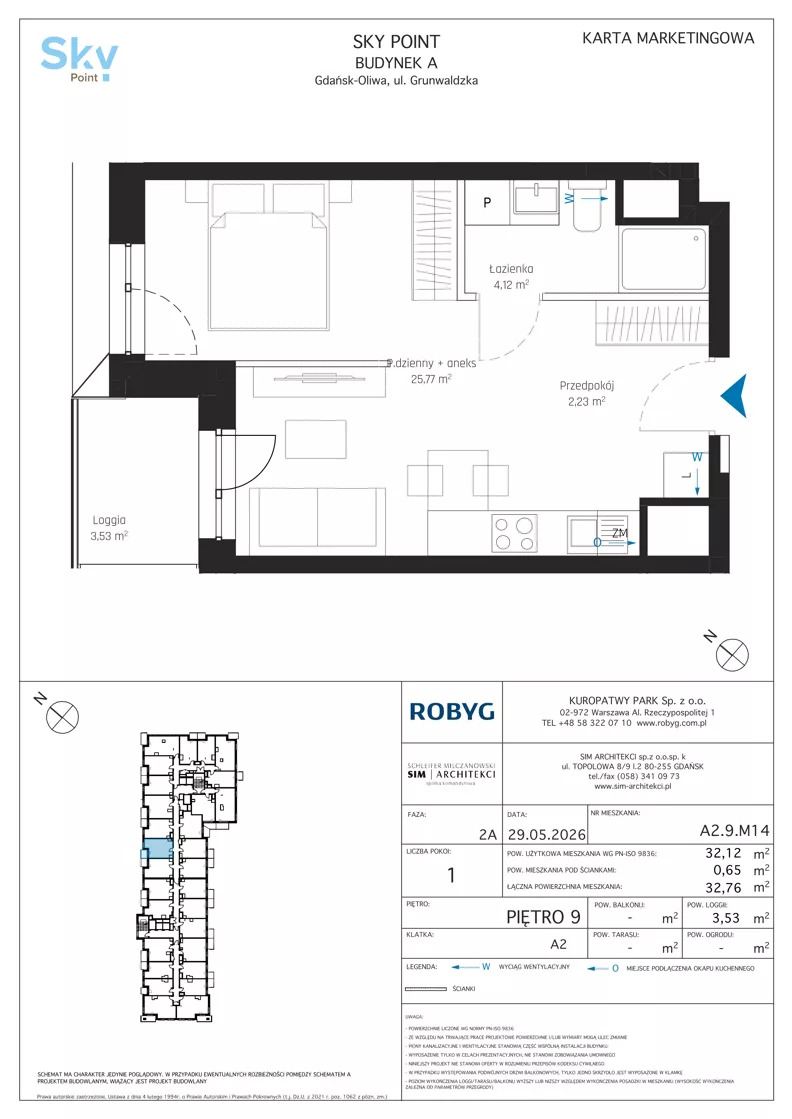 1 pokój, apartament inwestycyjny 32,12 m², piętro 9, oferta nr A2.9M14, Sky Point - Apartamenty Inwestycyjne, Gdańsk, Oliwa, Zaspa-Rozstaje, al. Grunwaldzka