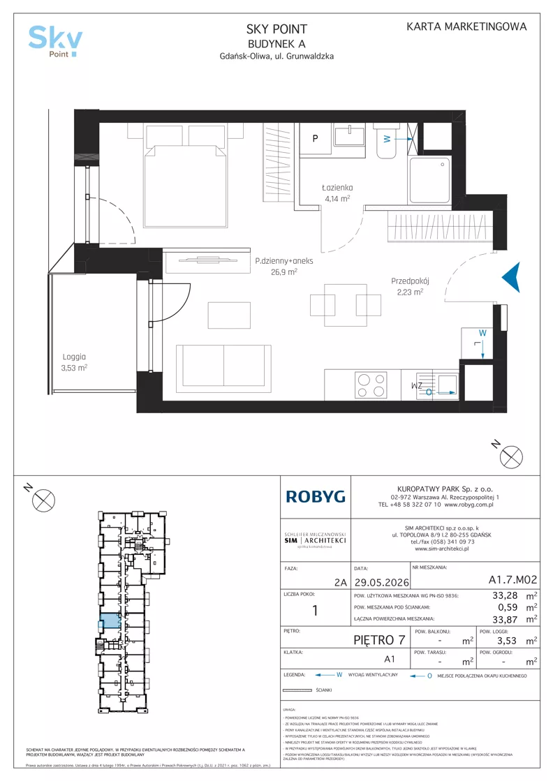 1 pokój, apartament inwestycyjny 33,28 m², piętro 7, oferta nr A1.7M02, Sky Point - Apartamenty Inwestycyjne, Gdańsk, Oliwa, Zaspa-Rozstaje, al. Grunwaldzka