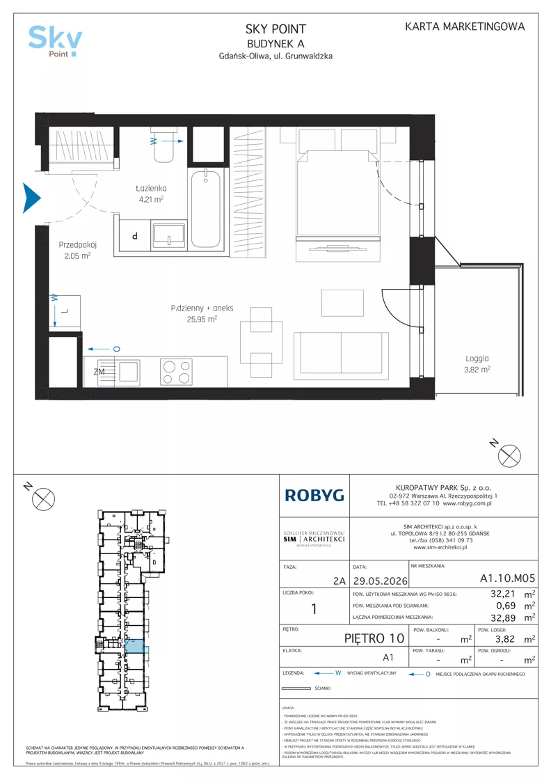 1 pokój, apartament inwestycyjny 32,21 m², piętro 10, oferta nr A1.10M05, Sky Point - Apartamenty Inwestycyjne, Gdańsk, Oliwa, Zaspa-Rozstaje, al. Grunwaldzka
