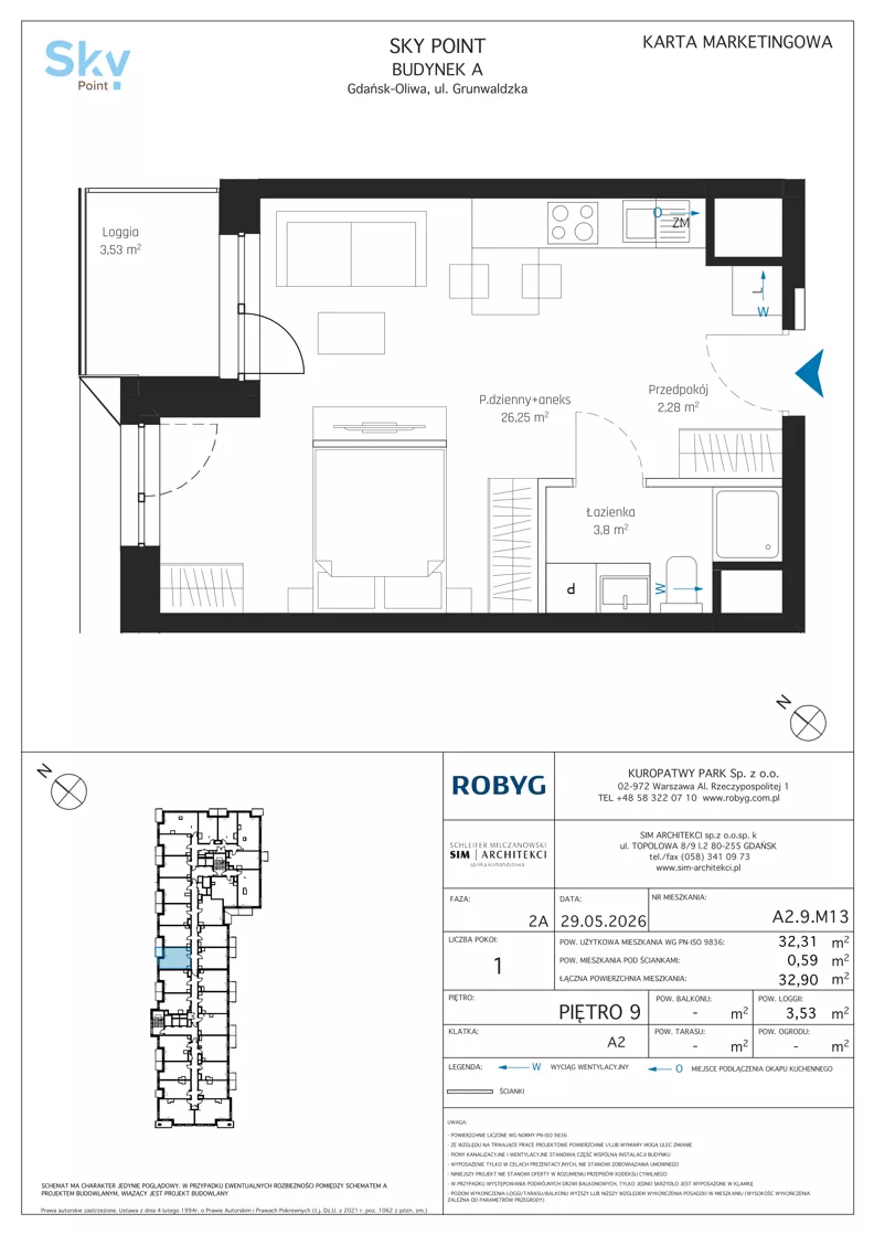 1 pokój, apartament inwestycyjny 32,31 m², piętro 9, oferta nr A2.9M13, Sky Point - Apartamenty Inwestycyjne, Gdańsk, Oliwa, Zaspa-Rozstaje, al. Grunwaldzka