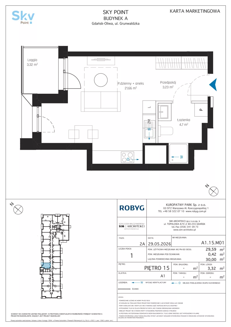 1 pokój, apartament inwestycyjny 29,59 m², piętro 15, oferta nr A1.15M01, Sky Point - Apartamenty Inwestycyjne, Gdańsk, Oliwa, Zaspa-Rozstaje, al. Grunwaldzka