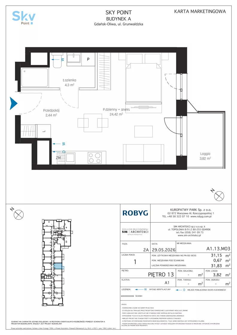 1 pokój, apartament inwestycyjny 31,15 m², piętro 13, oferta nr A1.13M03, Sky Point - Apartamenty Inwestycyjne, Gdańsk, Oliwa, Zaspa-Rozstaje, al. Grunwaldzka
