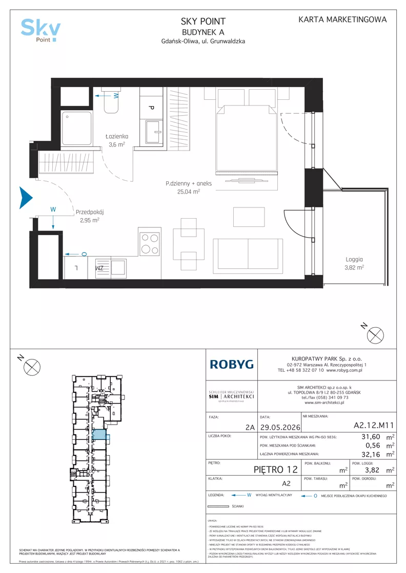 1 pokój, apartament inwestycyjny 31,60 m², piętro 12, oferta nr A2.12M11, Sky Point - Apartamenty Inwestycyjne, Gdańsk, Oliwa, Zaspa-Rozstaje, al. Grunwaldzka