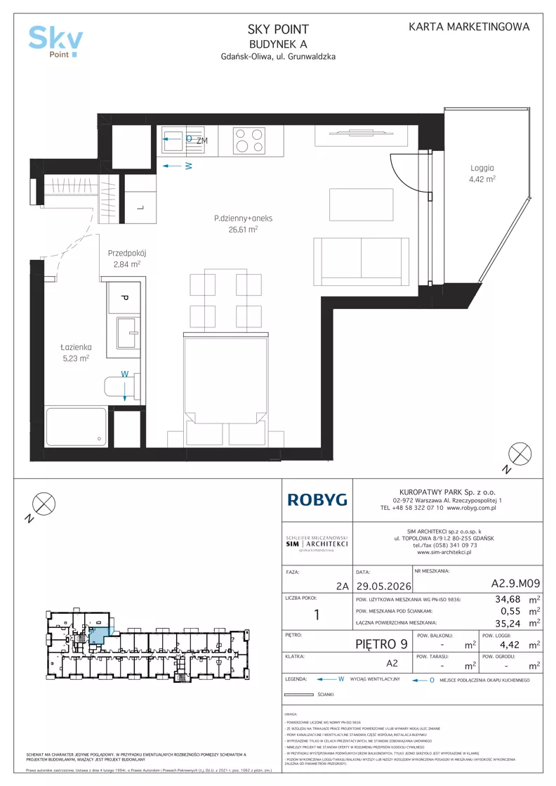 1 pokój, apartament inwestycyjny 34,68 m², piętro 9, oferta nr A2.9M09, Sky Point - Apartamenty Inwestycyjne, Gdańsk, Oliwa, Zaspa-Rozstaje, al. Grunwaldzka