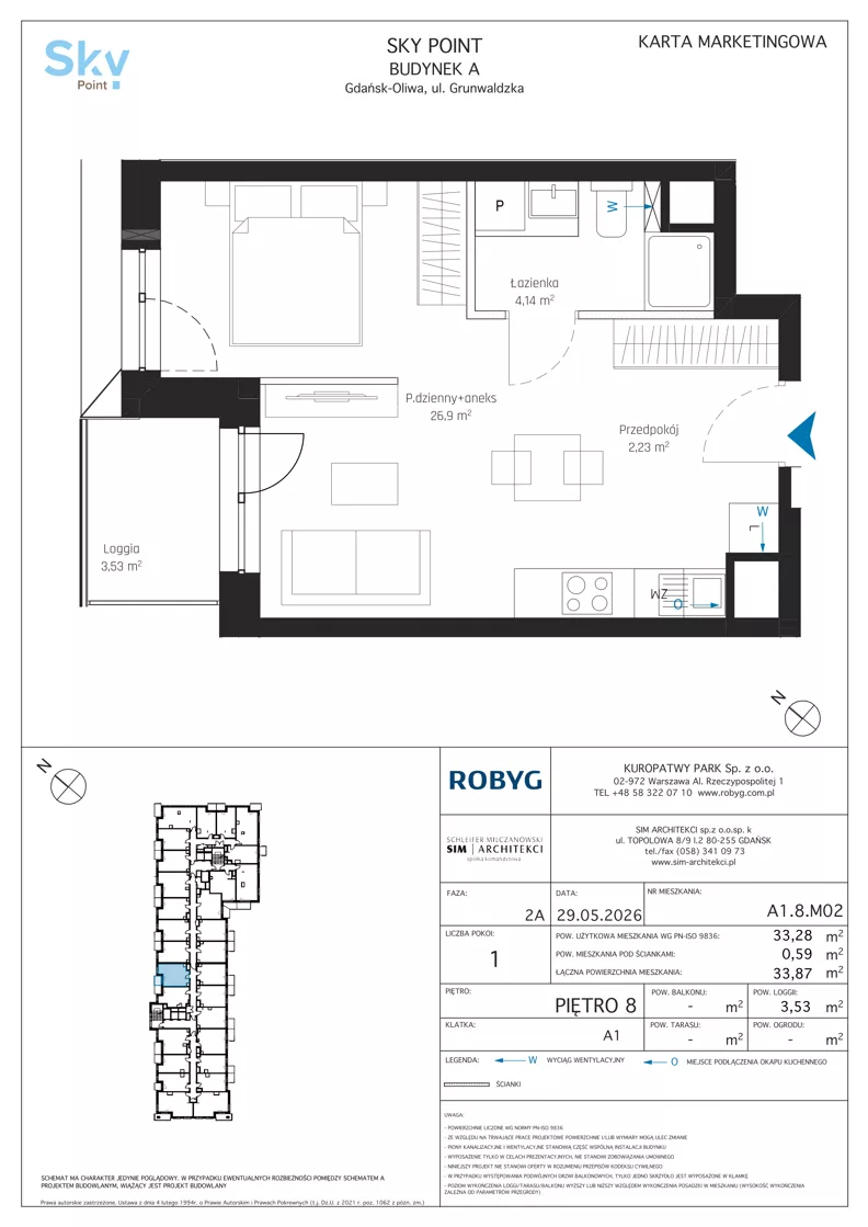 1 pokój, apartament inwestycyjny 33,28 m², piętro 8, oferta nr A1.8M02, Sky Point - Apartamenty Inwestycyjne, Gdańsk, Oliwa, Zaspa-Rozstaje, al. Grunwaldzka