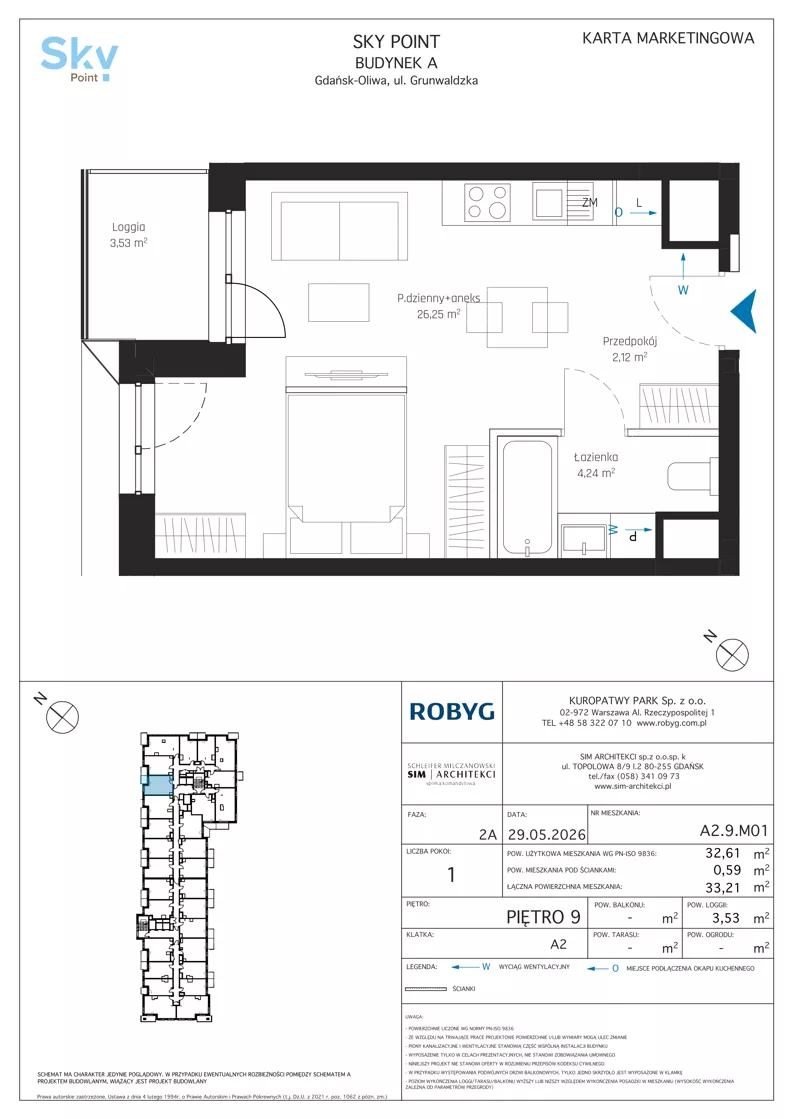 1 pokój, apartament inwestycyjny 32,61 m², piętro 9, oferta nr A2.9M01, Sky Point - Apartamenty Inwestycyjne, Gdańsk, Oliwa, Zaspa-Rozstaje, al. Grunwaldzka