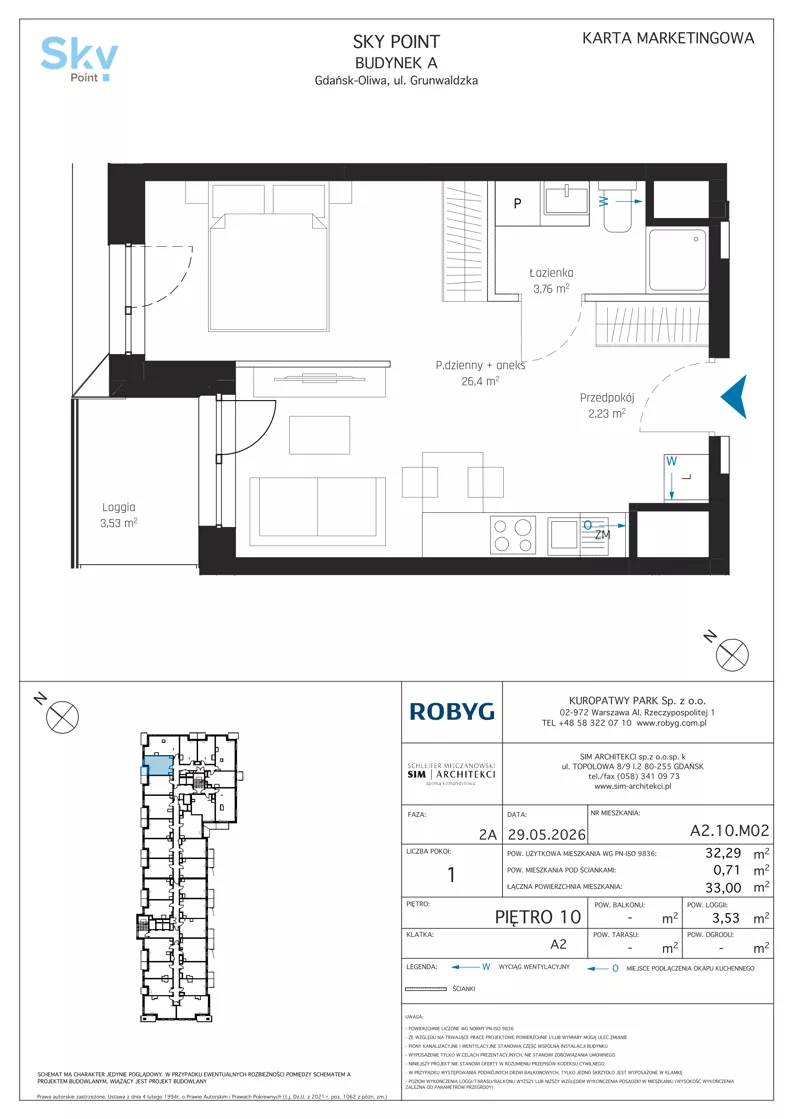 1 pokój, apartament inwestycyjny 32,29 m², piętro 10, oferta nr A2.10M02, Sky Point - Apartamenty Inwestycyjne, Gdańsk, Oliwa, Zaspa-Rozstaje, al. Grunwaldzka