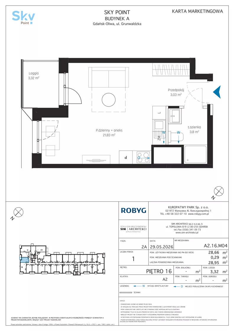 1 pokój, apartament inwestycyjny 28,66 m², piętro 16, oferta nr A2.16M04, Sky Point - Apartamenty Inwestycyjne, Gdańsk, Oliwa, Zaspa-Rozstaje, al. Grunwaldzka