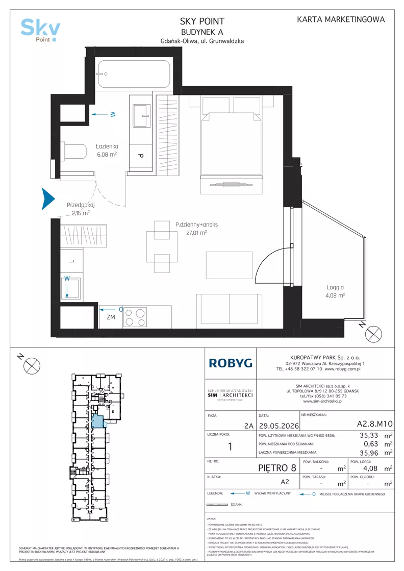 1 pokój, apartament inwestycyjny 35,33 m², piętro 8, oferta nr A2.8M10, Sky Point - Apartamenty Inwestycyjne, Gdańsk, Oliwa, Zaspa-Rozstaje, al. Grunwaldzka