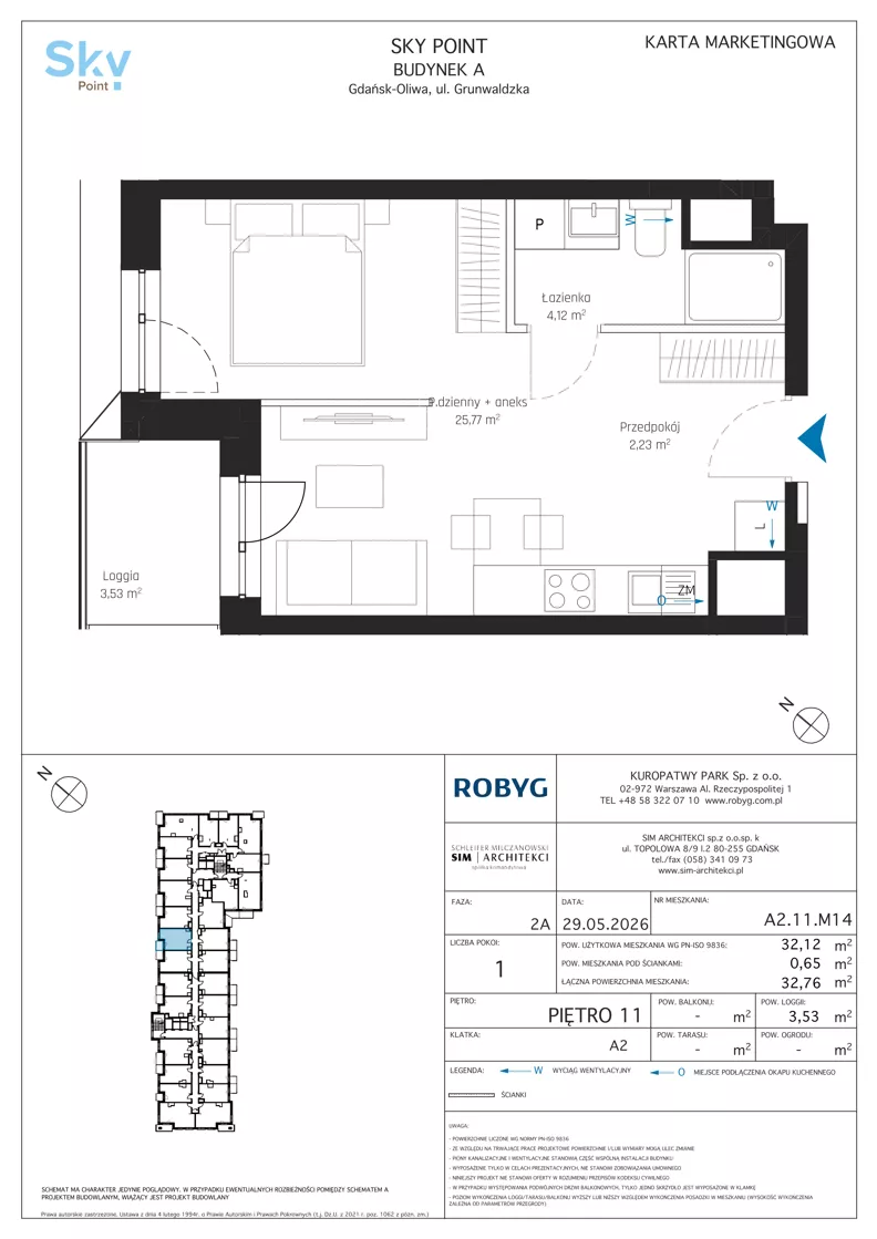 1 pokój, apartament inwestycyjny 32,12 m², piętro 11, oferta nr A2.11M14, Sky Point - Apartamenty Inwestycyjne, Gdańsk, Oliwa, Zaspa-Rozstaje, al. Grunwaldzka