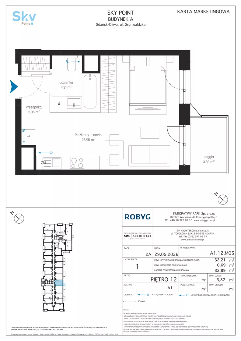 1 pokój, apartament inwestycyjny 32,21 m², piętro 12, oferta nr A1.12M05, Sky Point - Apartamenty Inwestycyjne, Gdańsk, Oliwa, Zaspa-Rozstaje, al. Grunwaldzka