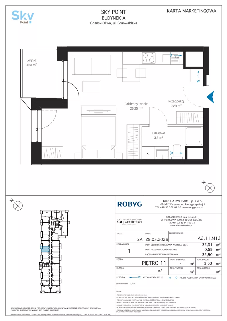 1 pokój, apartament inwestycyjny 32,31 m², piętro 11, oferta nr A2.11M13, Sky Point - Apartamenty Inwestycyjne, Gdańsk, Oliwa, Zaspa-Rozstaje, al. Grunwaldzka